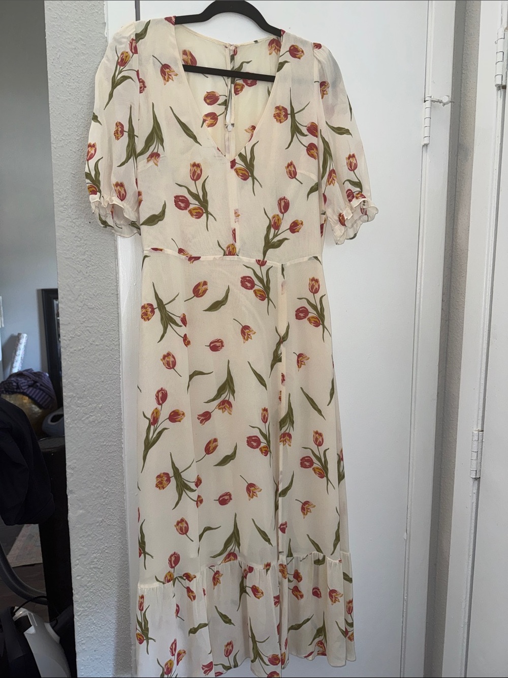Reformation Cream Midi Dress with Red Tulip Print